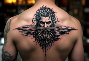 Poseidon half way under calm water at sunset tattoo idea