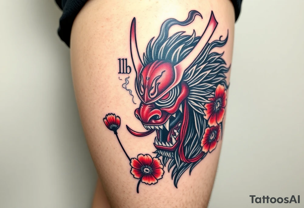 Big Rouge ronin to cover the entire thigh with smoke coming out of its mouth with 11b tattooed under its left eye with 1 poppy on each side of the ronin tattoo idea