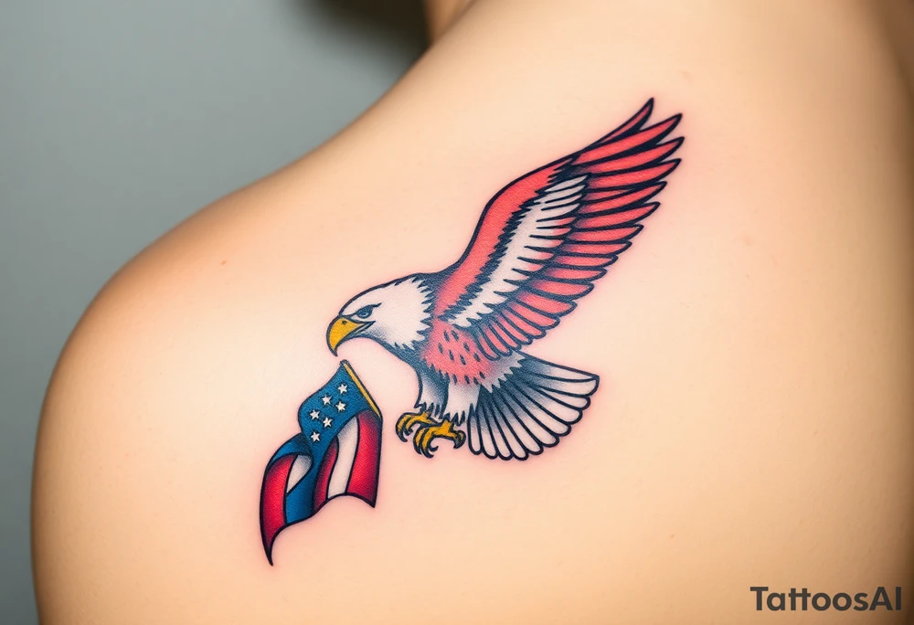 A bold American eagle clutching a tattered US flag in its talons, with vibrant red, white, and blue details tattoo idea