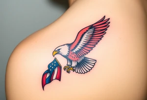 A bold American eagle clutching a tattered US flag in its talons, with vibrant red, white, and blue details tattoo idea