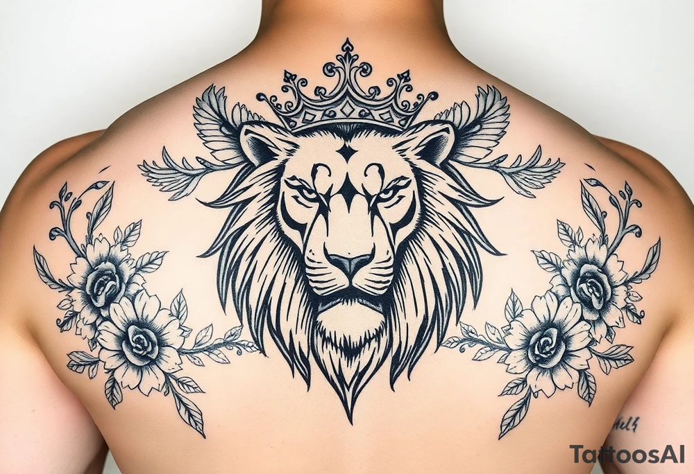 powerful majestic lion with a crown, surrounded by floral ornaments and birds tattoo idea