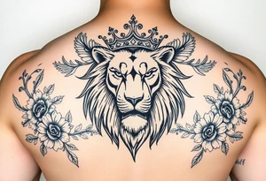 powerful majestic lion with a crown, surrounded by floral ornaments and birds tattoo idea