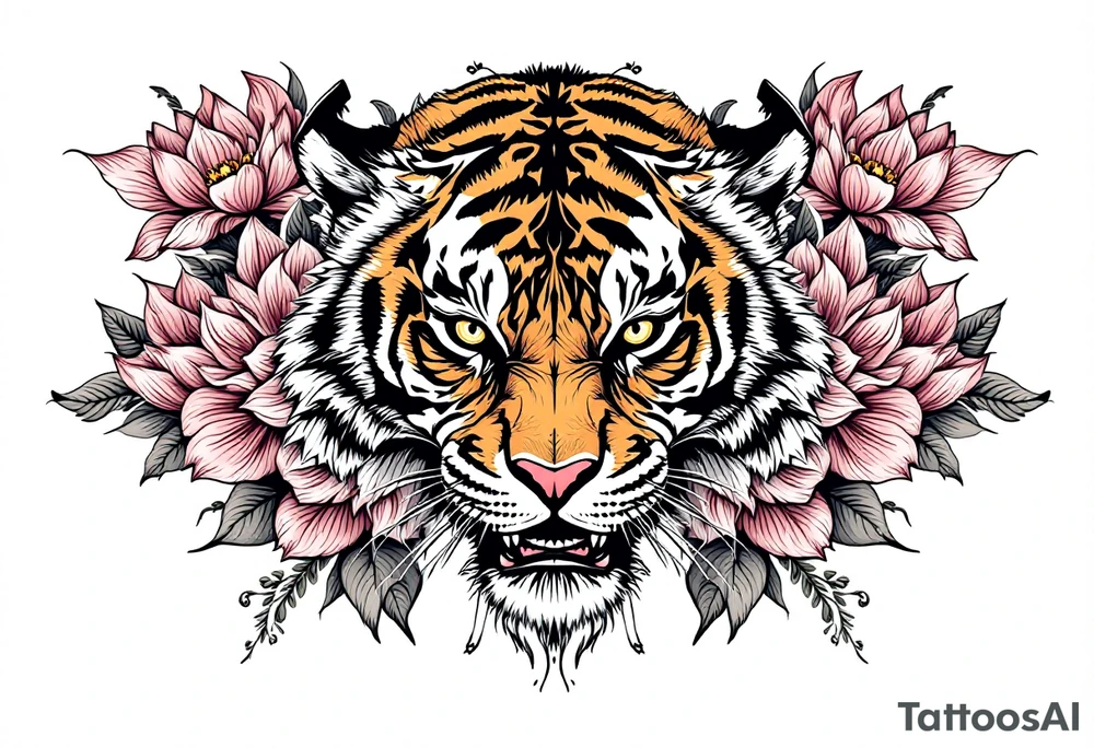 Tiger covered in lotus flowers tattoo idea