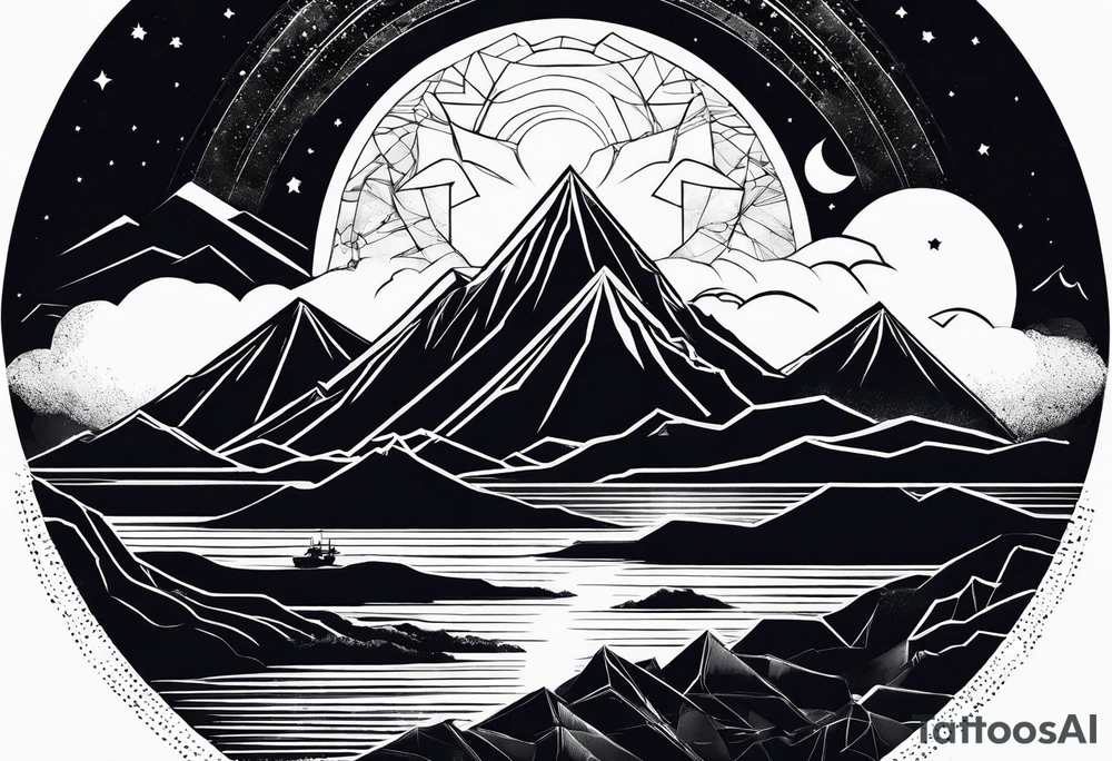 geometric mountain, sea, space tattoo idea