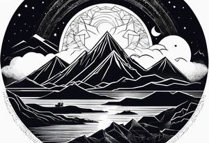 geometric mountain, sea, space tattoo idea