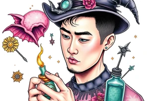 Handsome Asian young adult guy is  accidentally stumbled upon witch tools, supplies, artifacts, potions and exploring it curiously tattoo idea