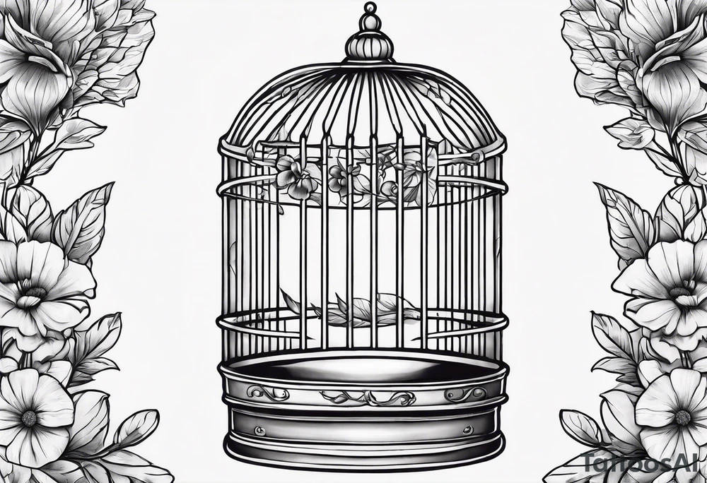 neo traditional foliage and flowers only on the left top of a long bird cage tattoo idea