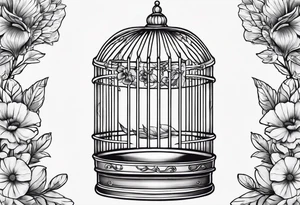 neo traditional foliage and flowers only on the left top of a long bird cage tattoo idea
