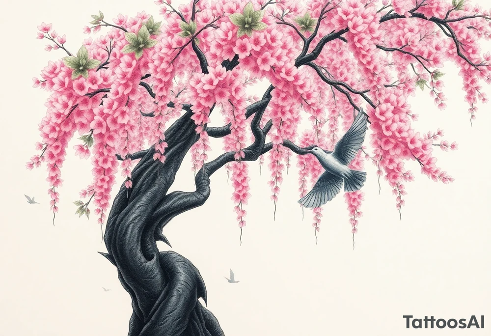 A big pink, weeping tree with huge  lushish leaves and a beautiful trunk. there are 2 doves. 1 is a flying into the sky. The second one is hovering above the ground that’s turning black like she stained with grief. Goth romance 
These are the dates I want dainty in the heavily overflow of weeping cherry blossom branches and leaves March 31, 2024 – July 2, 2024 tattoo idea