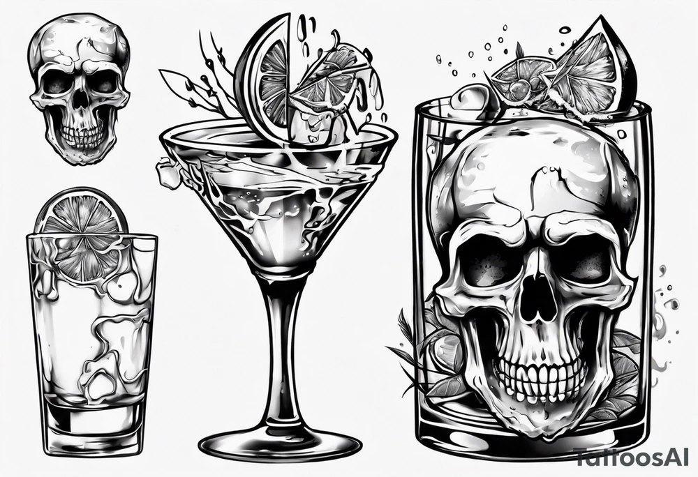 A scull in the glass with alcohol and piece of lime tattoo idea