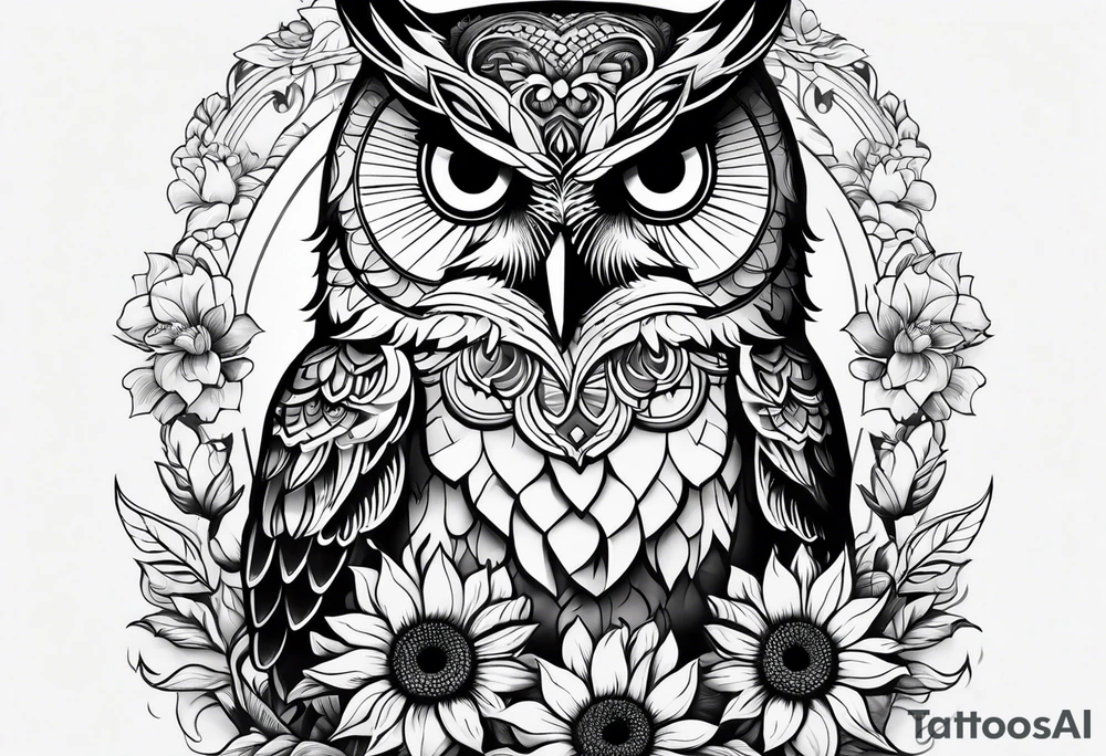 Black and white owl with sunflowers leg sleeve tattoo idea