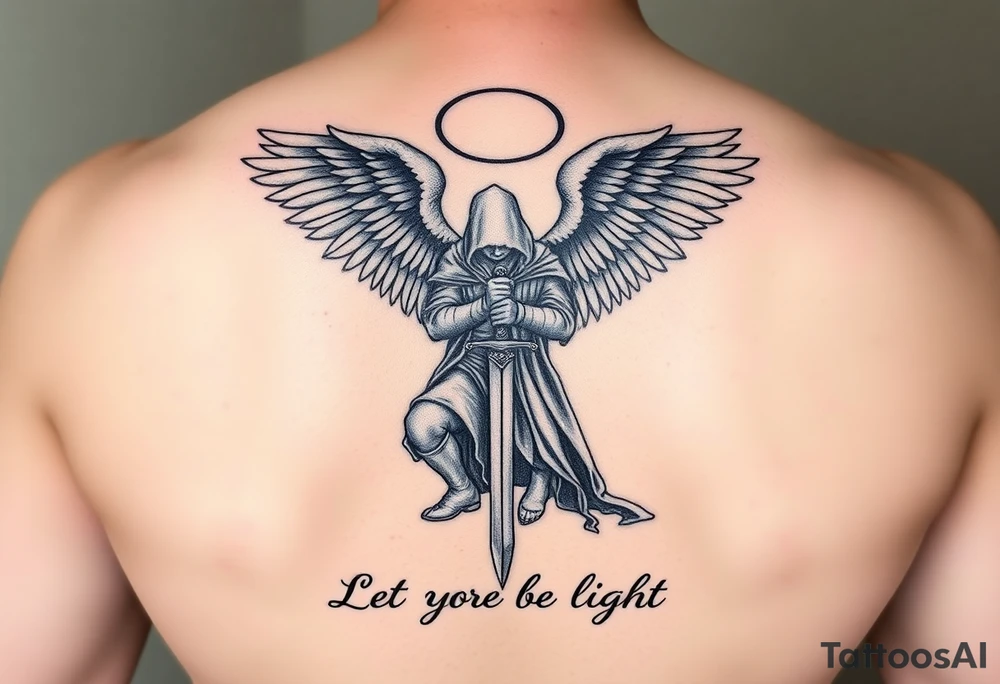 Warrior Angel with long sword  kneeling looking down cloak over head wings
 spread let there be light tattoo idea