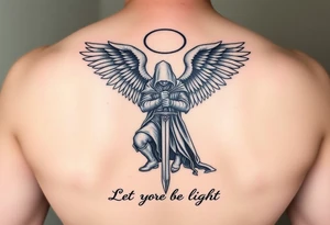 Warrior Angel with long sword  kneeling looking down cloak over head wings
 spread let there be light tattoo idea