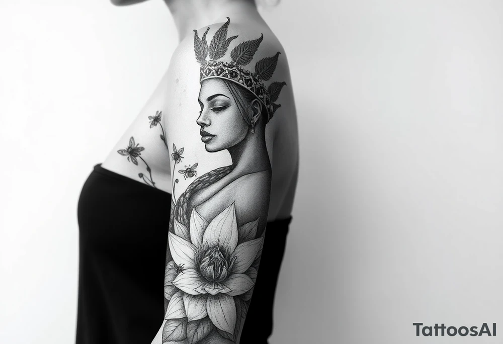 African Queen,  lotus flowers surrounding,  bees tattoo idea