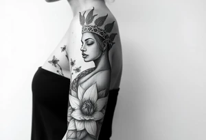 African Queen,  lotus flowers surrounding,  bees tattoo idea