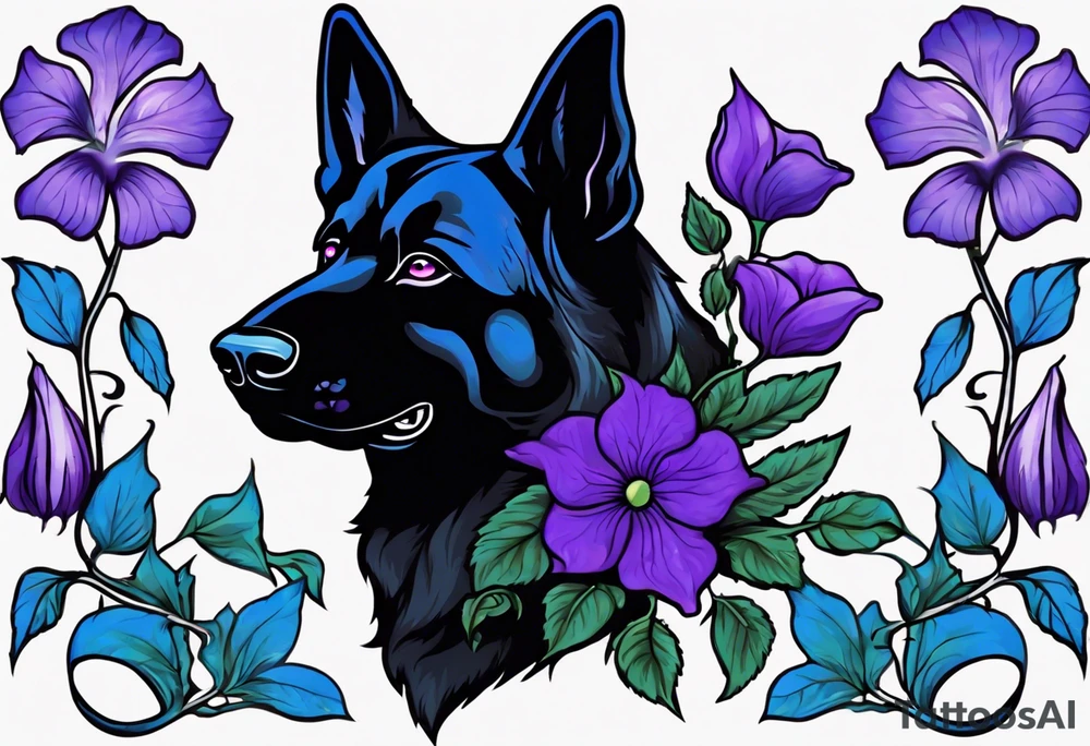 Black German shepherd face surrounded by blue and purple morning glories tattoo idea