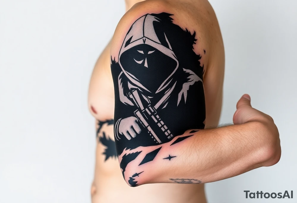Minimalist covert operative symbolism representing loyalty and survival, faceless soldier silhouette emerging from darkness, torn fabric, subtle scars, controlled posture, black and grey realism, emotional restraint, understated strength, tattoo sleeve element. tattoo idea
