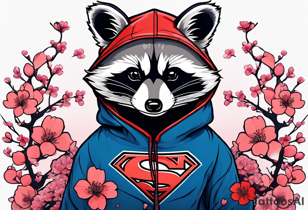 Raccoon wearing a Superman hoodie and Japanese cherry blossoms tattoo idea