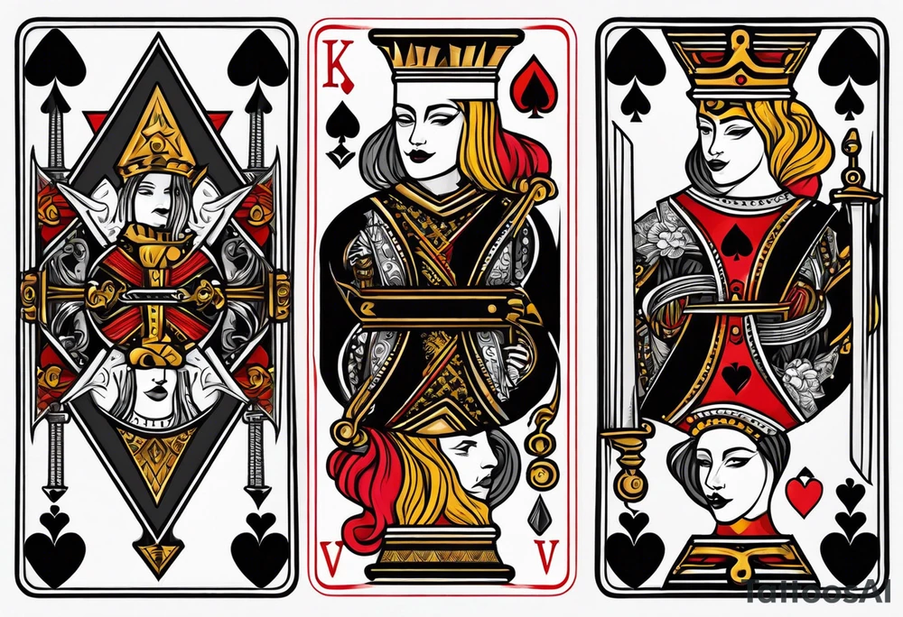 King, queen of spades cards with swords. Both cards together as a pair tattoo idea