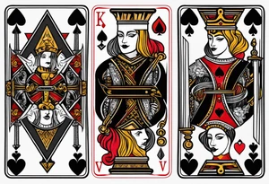 King, queen of spades cards with swords. Both cards together as a pair tattoo idea