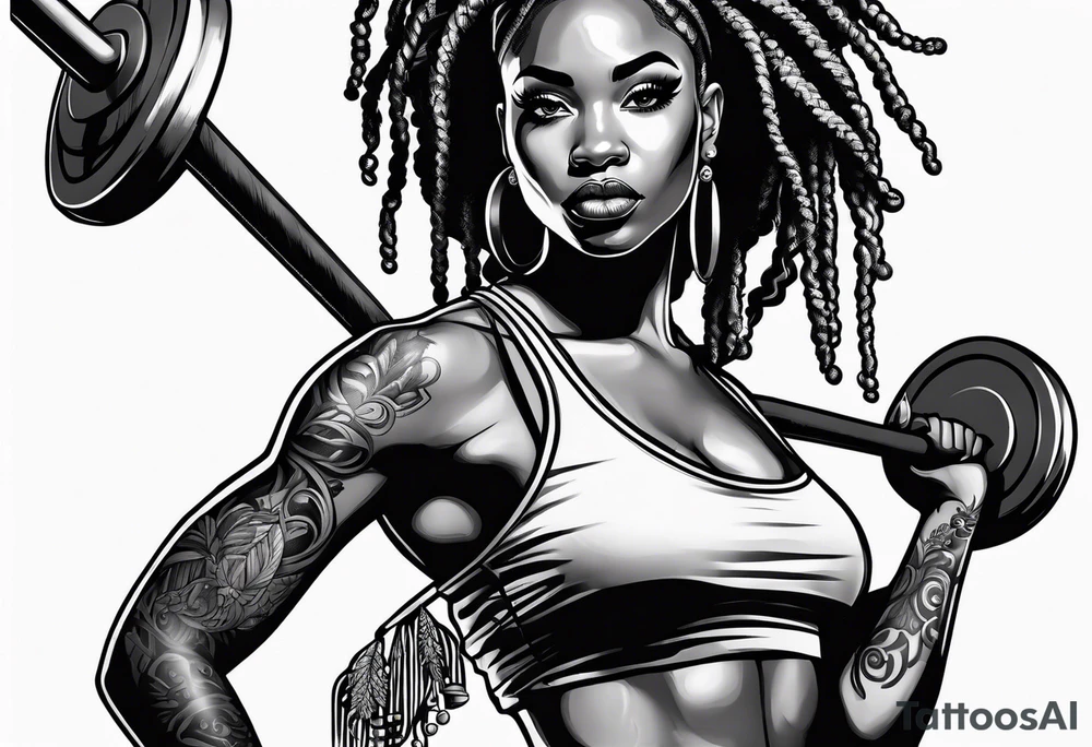 Black woman with locs full body holding barbell tattoo idea