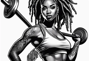 Black woman with locs full body holding barbell tattoo idea