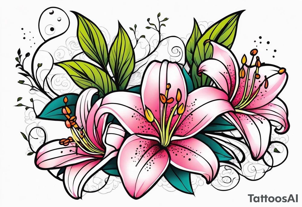 5 lilies and cherry blossom branch tattoo idea