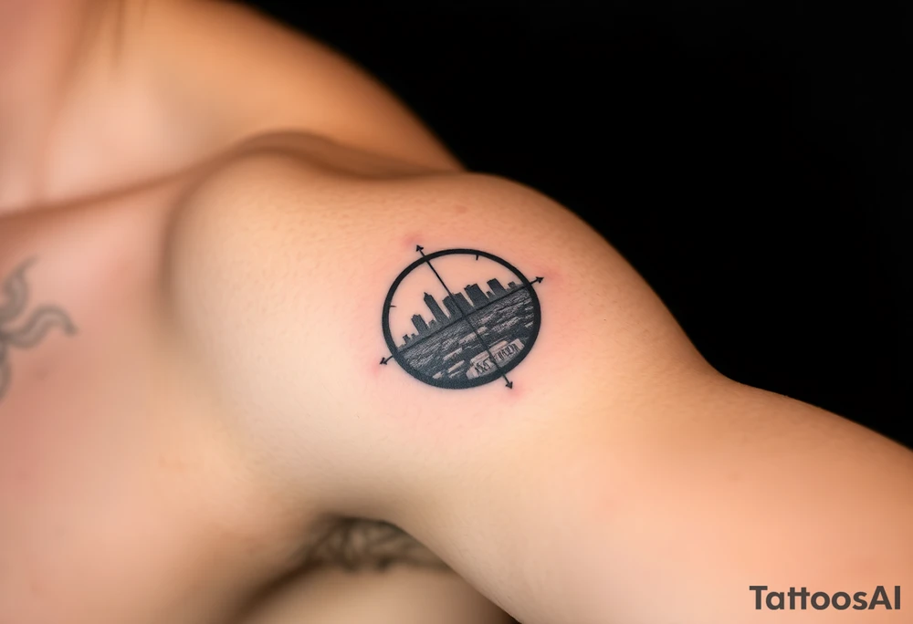 scope crosshairs with eerie Los Angeles city horizon in background tattoo idea