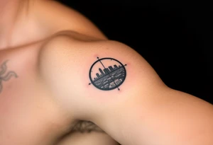 scope crosshairs with eerie Los Angeles city horizon in background tattoo idea