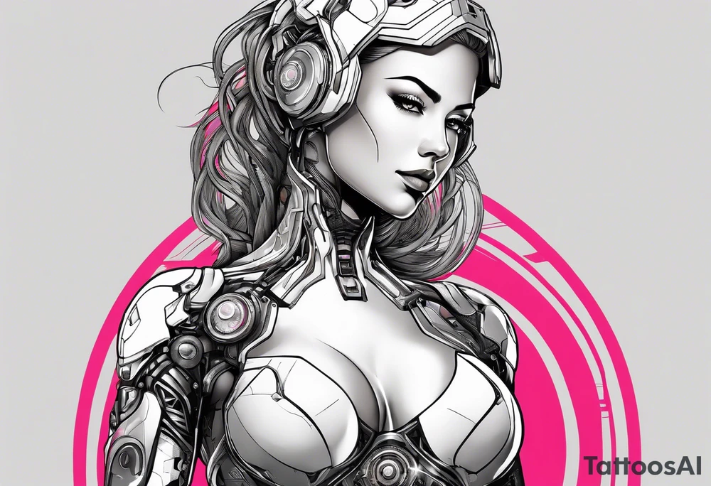 female cyborg full body torso arms, retro futuristic, travel and movies no tattoos tattoo idea