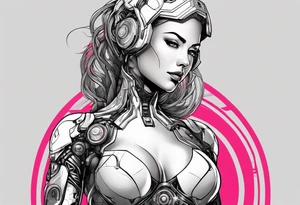 female cyborg full body torso arms, retro futuristic, travel and movies no tattoos tattoo idea