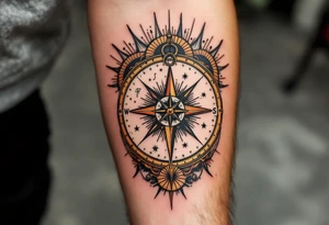 A vintage-style celestial tattoo featuring Sagittarius stars constellation, a compass, and golden sunbursts on a parchment-colored background. tattoo idea