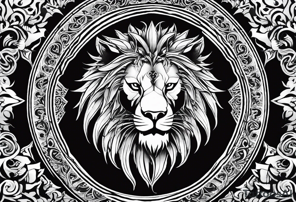 on a SOLID white BACKGROUND in the center, in a circle of weaving patterns, there is a black-and-white tattoo sketch: a lion in a grin stands against the background of a dragon with large wings tattoo idea