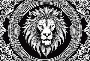 on a SOLID white BACKGROUND in the center, in a circle of weaving patterns, there is a black-and-white tattoo sketch: a lion in a grin stands against the background of a dragon with large wings tattoo idea