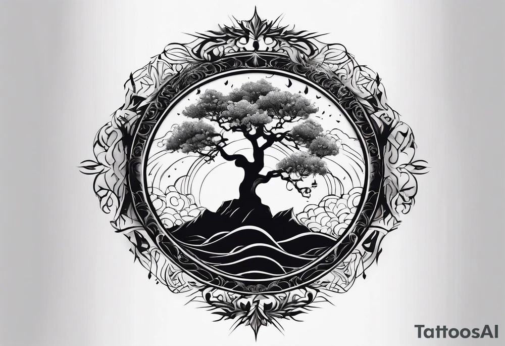 a tree of life in the middle of a lightening storm tattoo idea