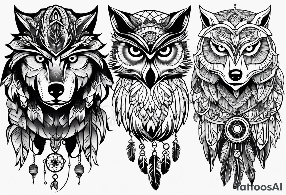 owl, wolf, beaver, and dream catcher tattoo idea
