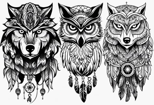 owl, wolf, beaver, and dream catcher tattoo idea