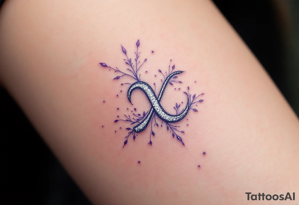 A silver  ᚹ love rune with blue accents, surrounded by violet tattoo idea