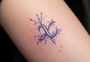 A silver  ᚹ love rune with blue accents, surrounded by violet tattoo idea