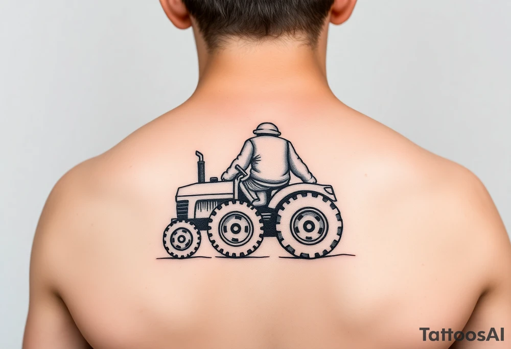 minimalist back view of curly headed toddler son riding a toy tractor with a geometric frame tattoo idea