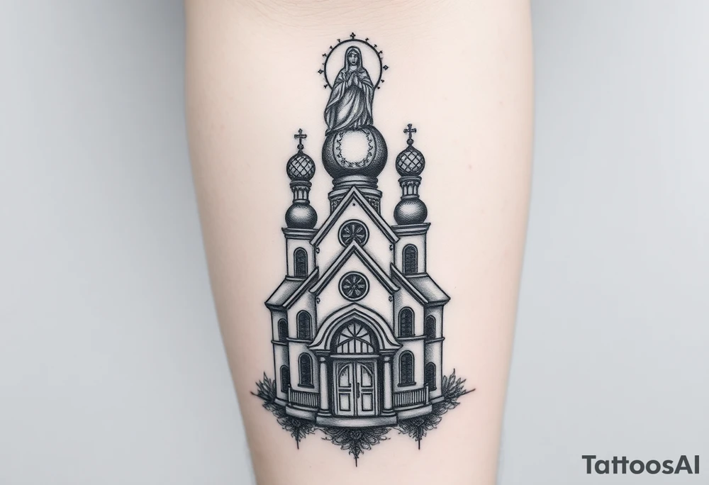 in a dorsal view a detailed orthodox church with a band at the front shrouded with a mist above and fading into a virgin mary overlooking above at the top tattoo idea