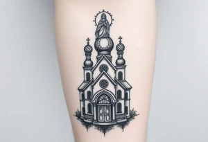 in a dorsal view a detailed orthodox church with a band at the front shrouded with a mist above and fading into a virgin mary overlooking above at the top tattoo idea