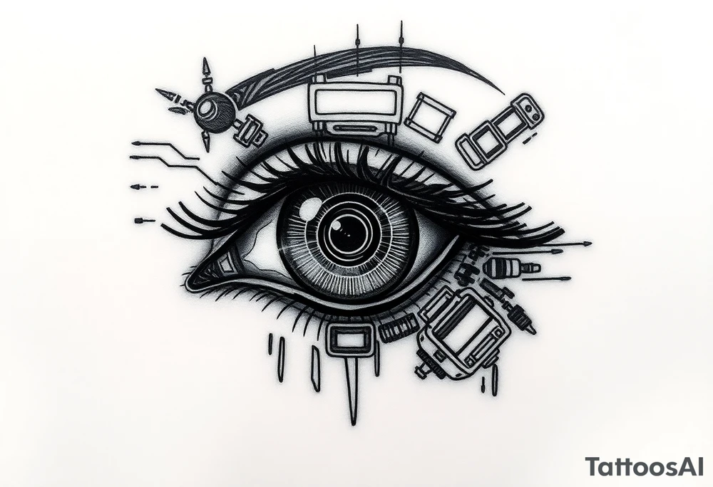 Cybernetic Eye with HUD Elements
A detailed eye with cybernetic implants and neon overlays.
A heads-up display (HUD) projecting out, featuring symbols, warnings, or static.
Neo-trad thick outlines and shading mixed with digital-style highlights. tattoo idea