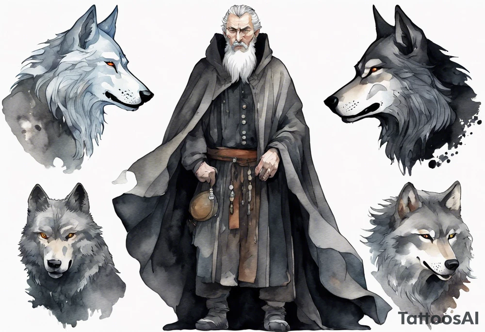 a gaunt medieval man with grey hair, white eyes, and a black cloak standing beside a massive grey wolf tattoo idea