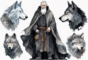 a gaunt medieval man with grey hair, white eyes, and a black cloak standing beside a massive grey wolf tattoo idea