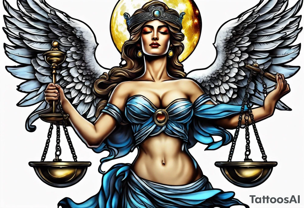 Themis holding the scales of justice while blindfolded with a moon in the background in color tattoo idea