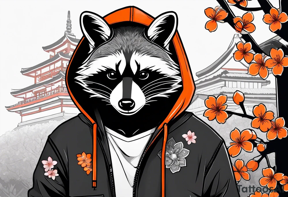 Raccoon wearing a white Superman logo on a black hoodie and orange Japanese cherry blossoms beside tattoo idea