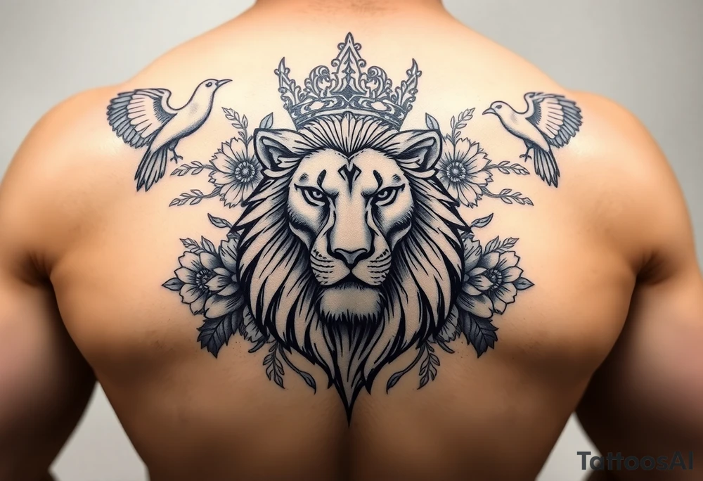powerful majestic lion with a crown, surrounded by floral ornaments and birds tattoo idea