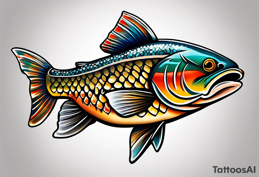 A small tattoo with a shaded trout 
 drawn with fine lines. tattoo idea