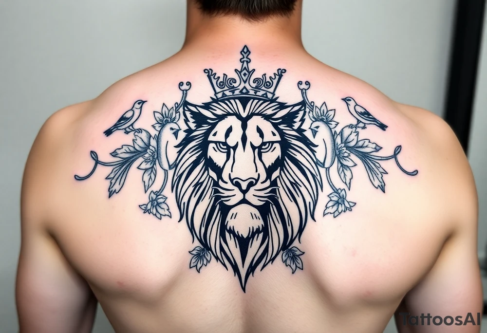 powerful majestic lion with a crown, surrounded by floral ornaments and birds tattoo idea